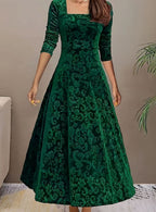 Evelyn | Women’s Square-Neck Embossed Velvet A-Line Midi Dress