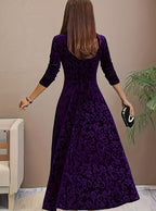 Evelyn | Women’s Square-Neck Embossed Velvet A-Line Midi Dress