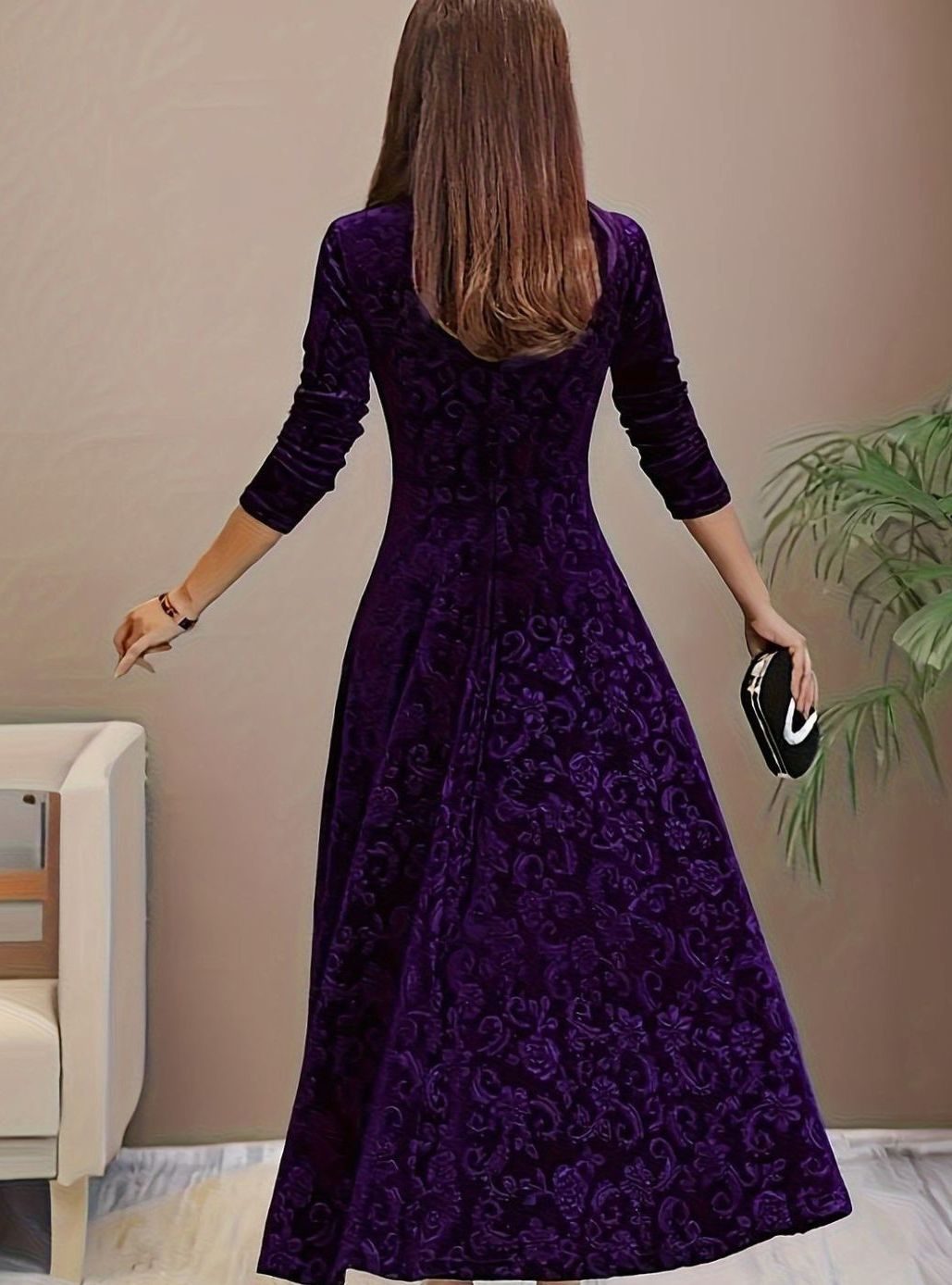 Evelyn | Women’s Square-Neck Embossed Velvet A-Line Midi Dress