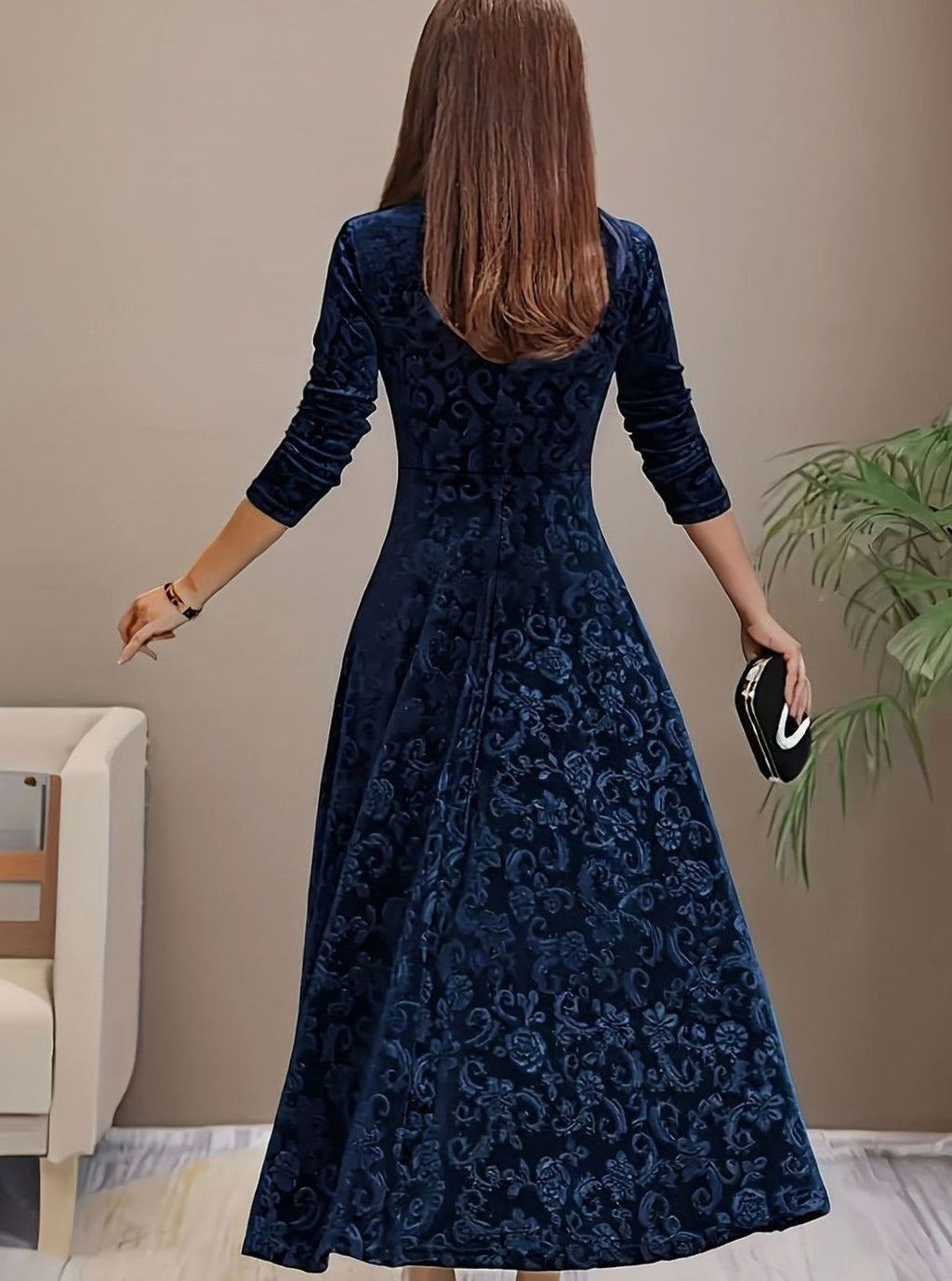 Evelyn | Women’s Square-Neck Embossed Velvet A-Line Midi Dress