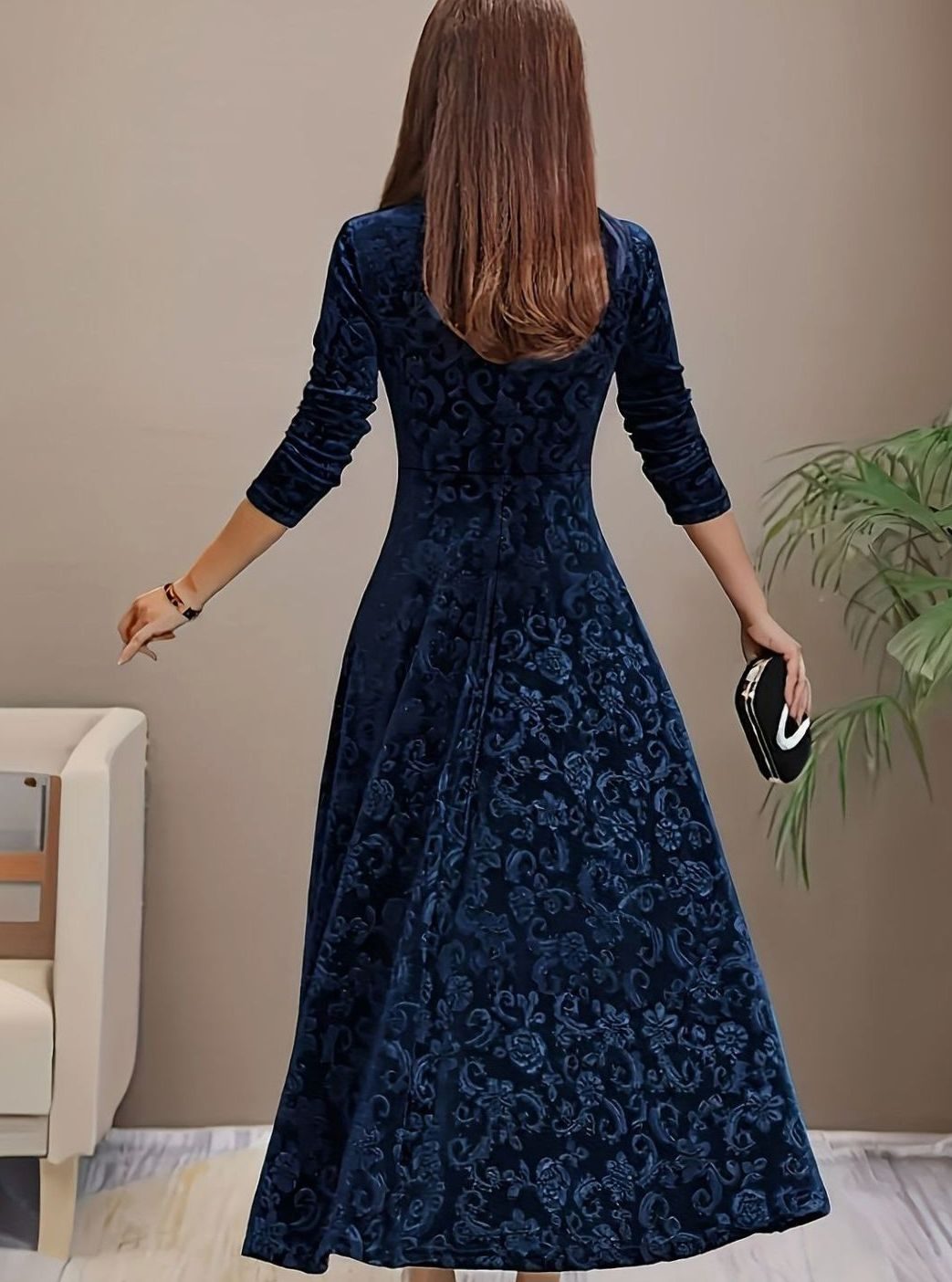 Evelyn | Women’s Square-Neck Embossed Velvet A-Line Midi Dress