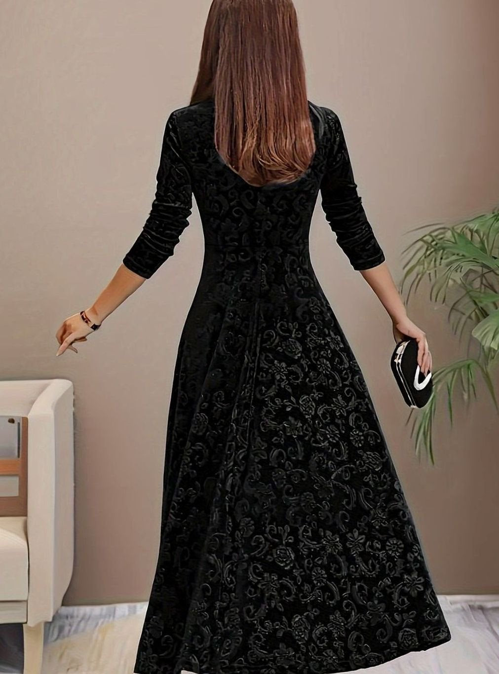 Evelyn | Women’s Square-Neck Embossed Velvet A-Line Midi Dress