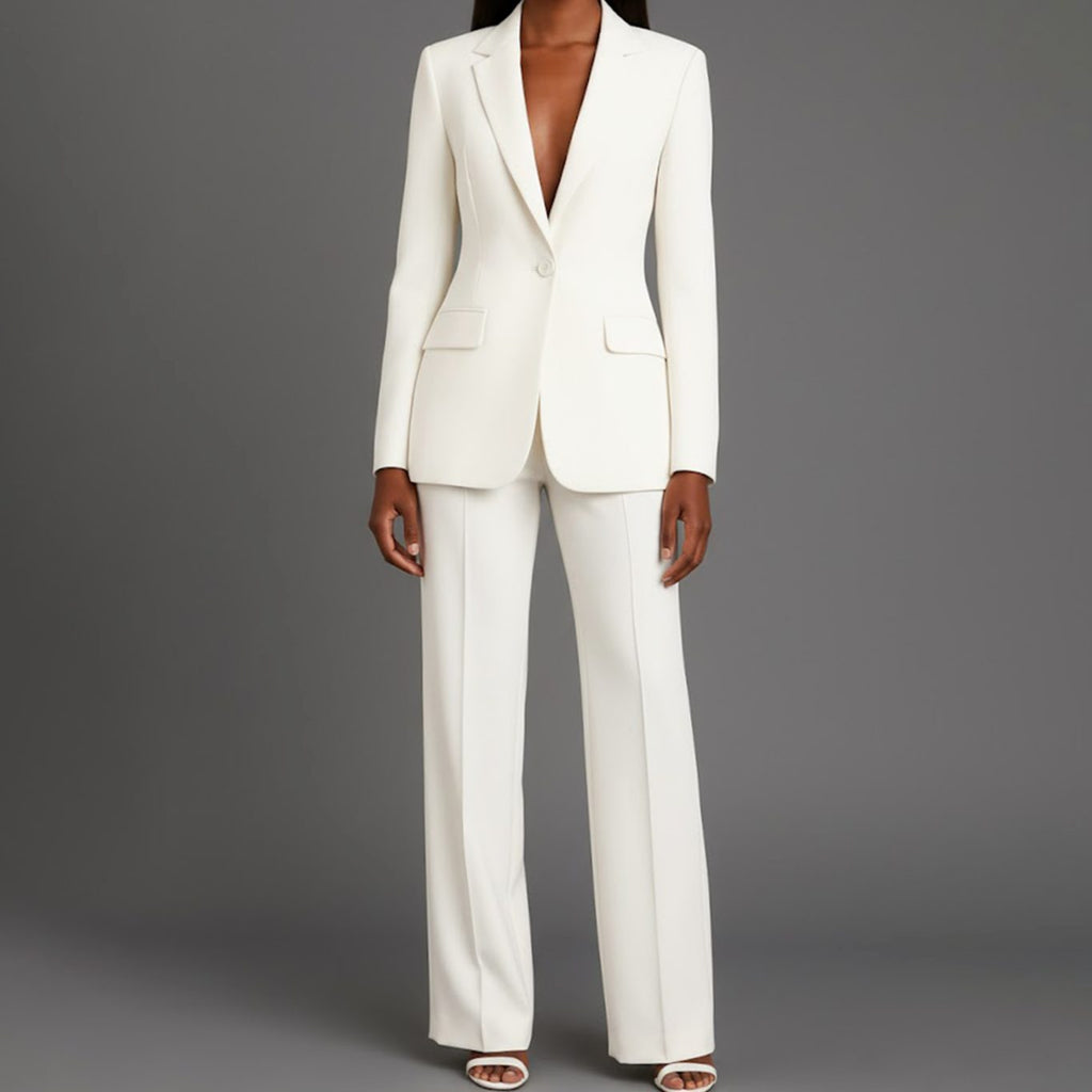 Bianca | Women’s Ivory Single-Button Tailored Blazer & Wide-Leg Suit Set