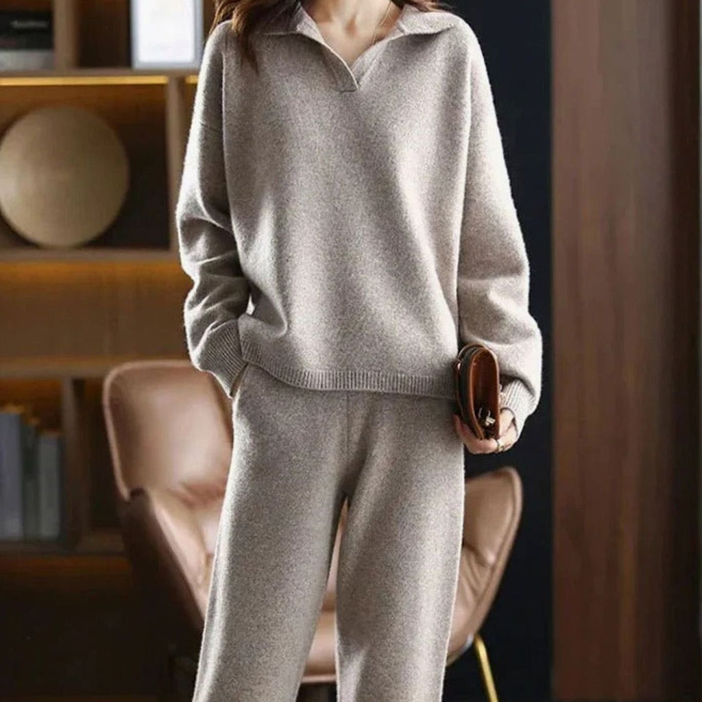 Elena | Women’s Open-Collar Knit Sweater & Wide-Leg Lounge Set