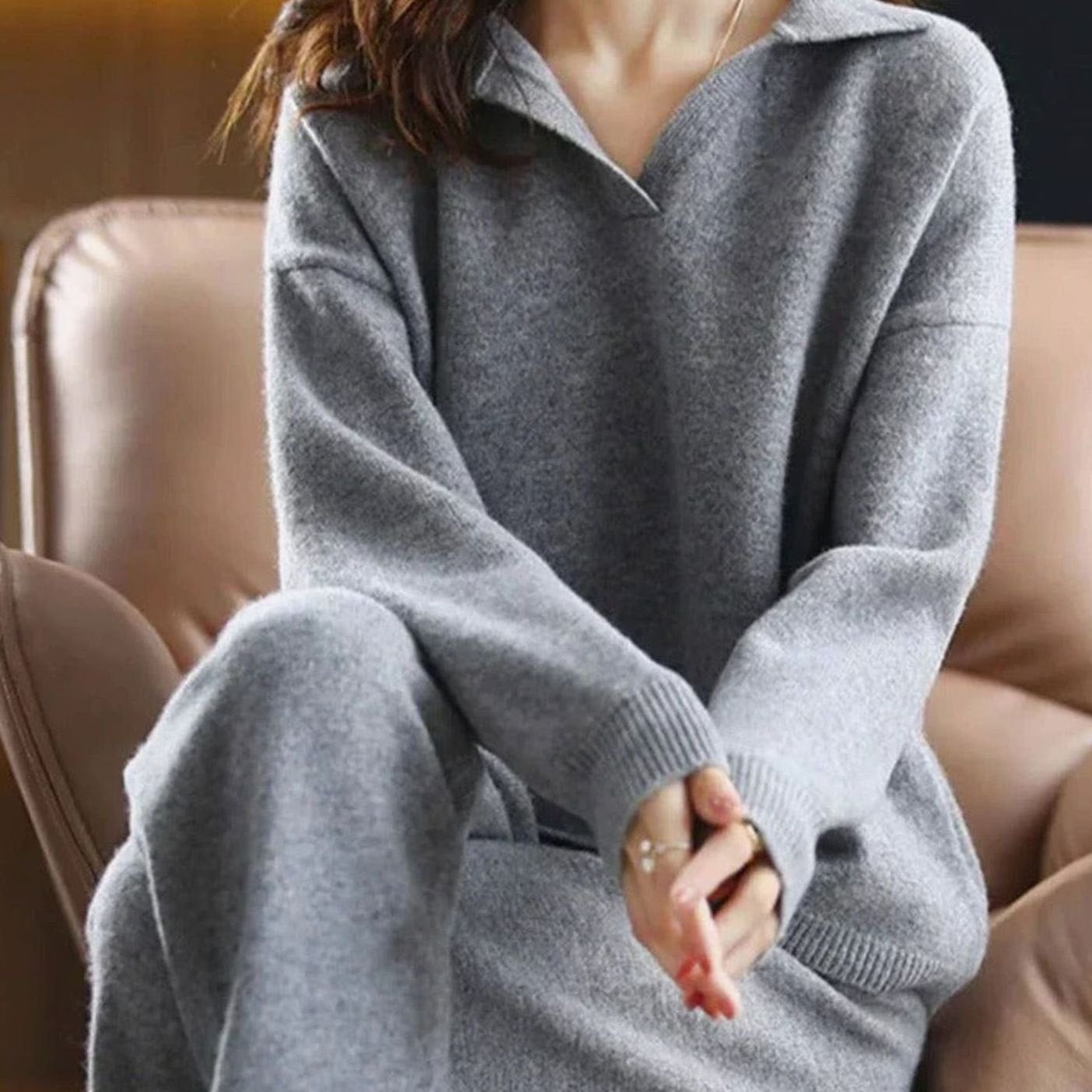 Elena | Women’s Open-Collar Knit Sweater & Wide-Leg Lounge Set