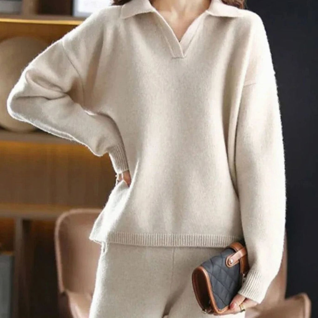 Elena | Women’s Open-Collar Knit Sweater & Wide-Leg Lounge Set