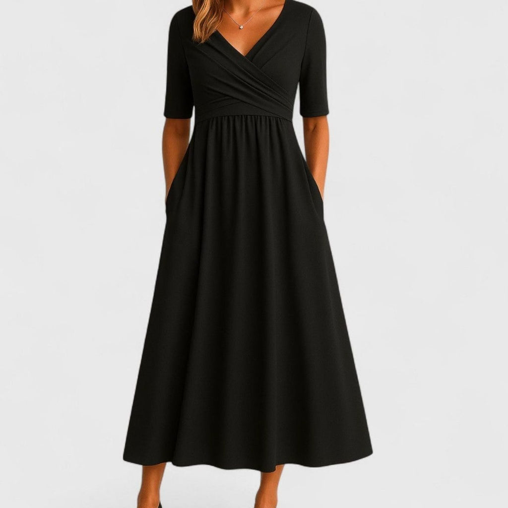 Eliza | Women’s Short Sleeve Pleated Wrap V-Neck Pocket Maxi Dress