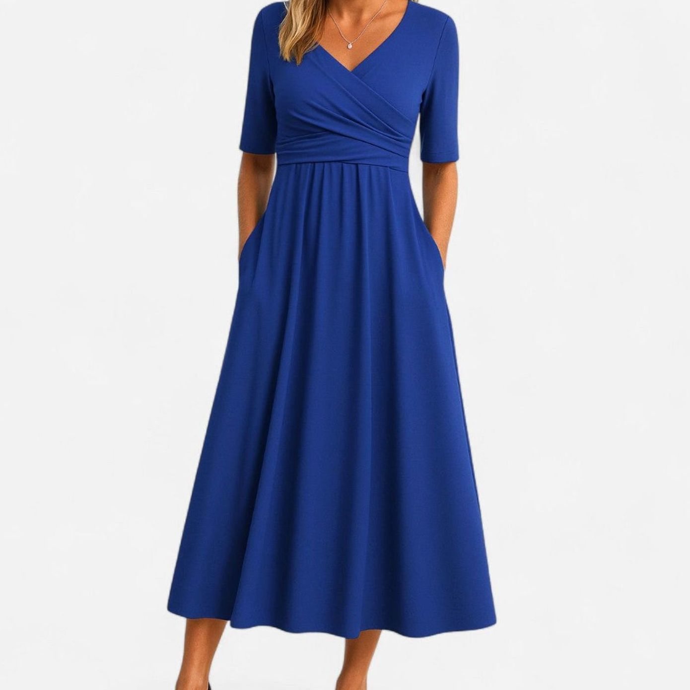 Eliza | Women’s Short Sleeve Pleated Wrap V-Neck Pocket Maxi Dress