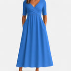 Eliza | Women’s Short Sleeve Pleated Wrap V-Neck Pocket Maxi Dress