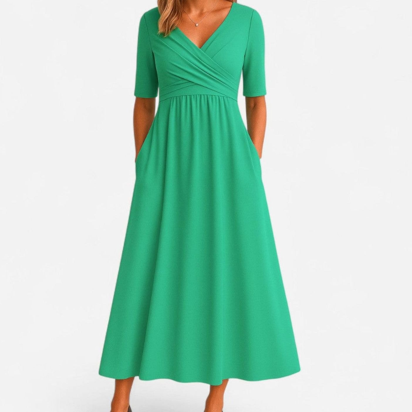 Eliza | Women’s Short Sleeve Pleated Wrap V-Neck Pocket Maxi Dress