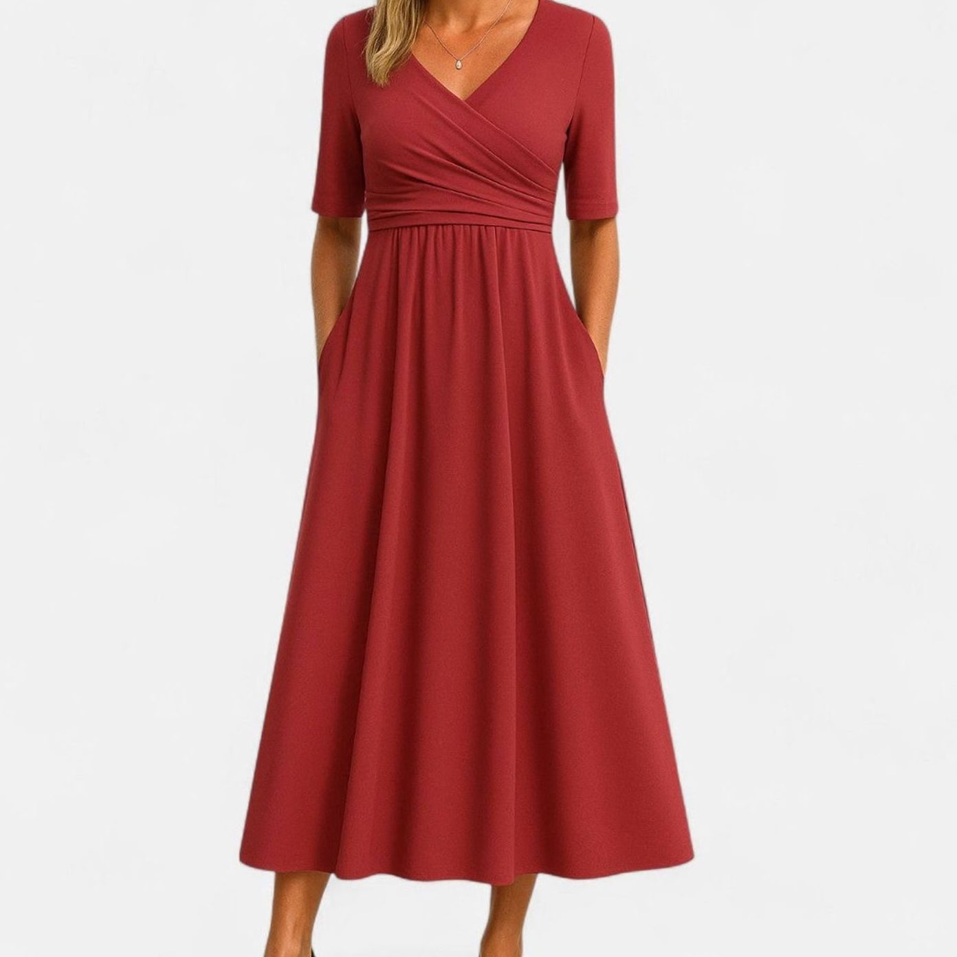 Eliza | Women’s Short Sleeve Pleated Wrap V-Neck Pocket Maxi Dress