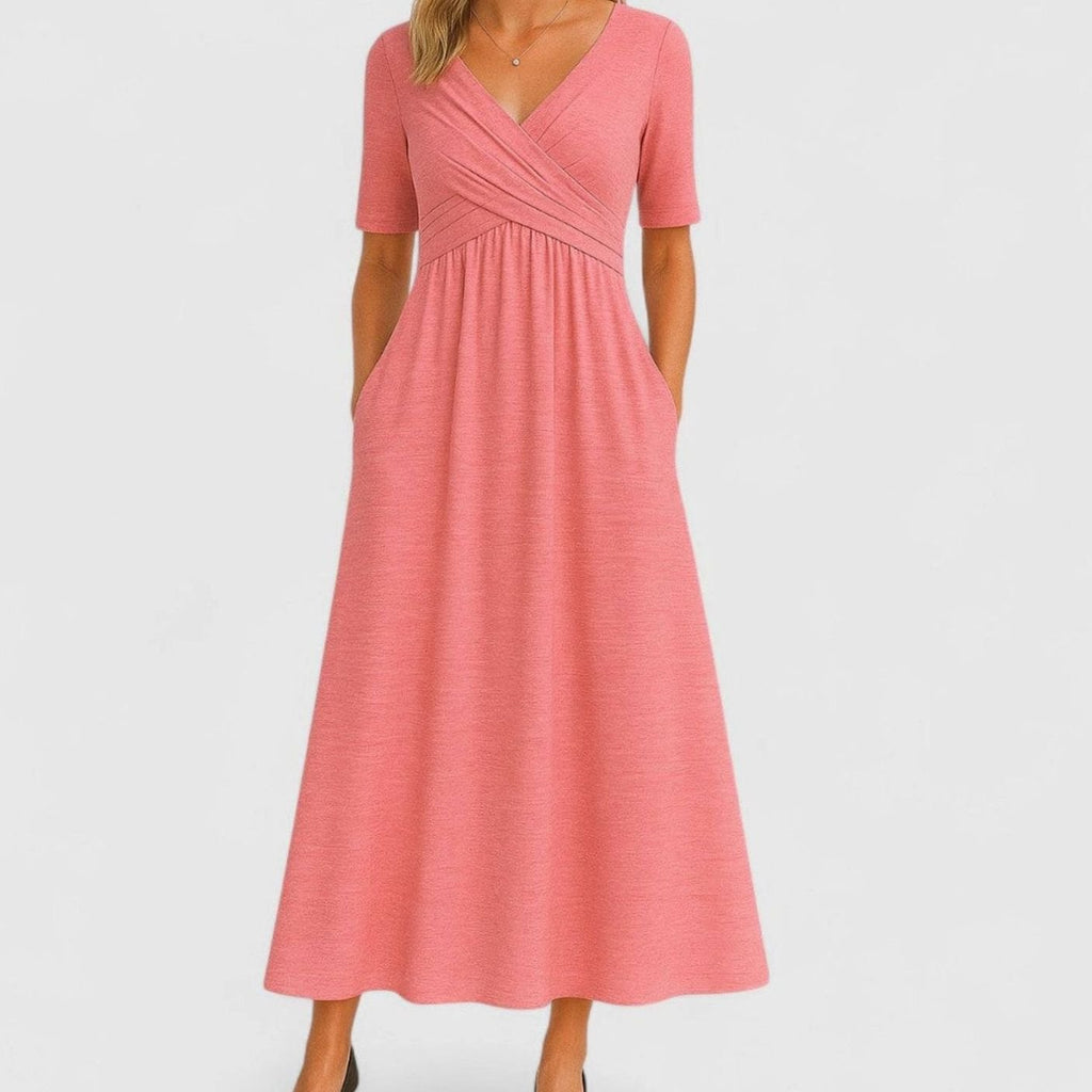 Eliza | Women’s Short Sleeve Pleated Wrap V-Neck Pocket Maxi Dress