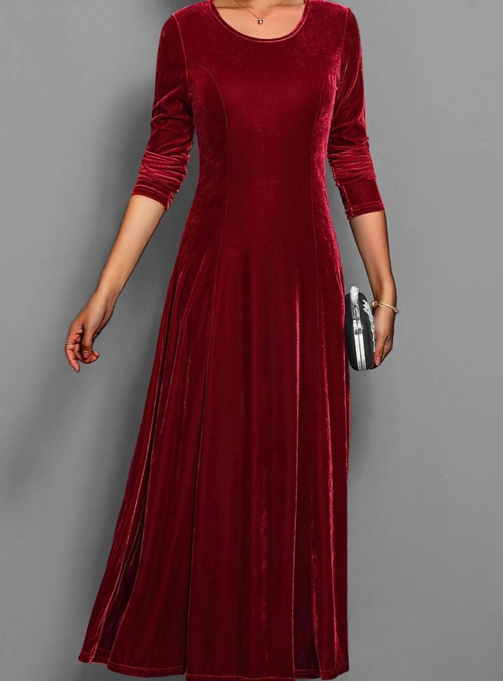 Vivienne | Women’s 3/4-Sleeve Scoop-Neck Velvet A-Line Maxi Dress
