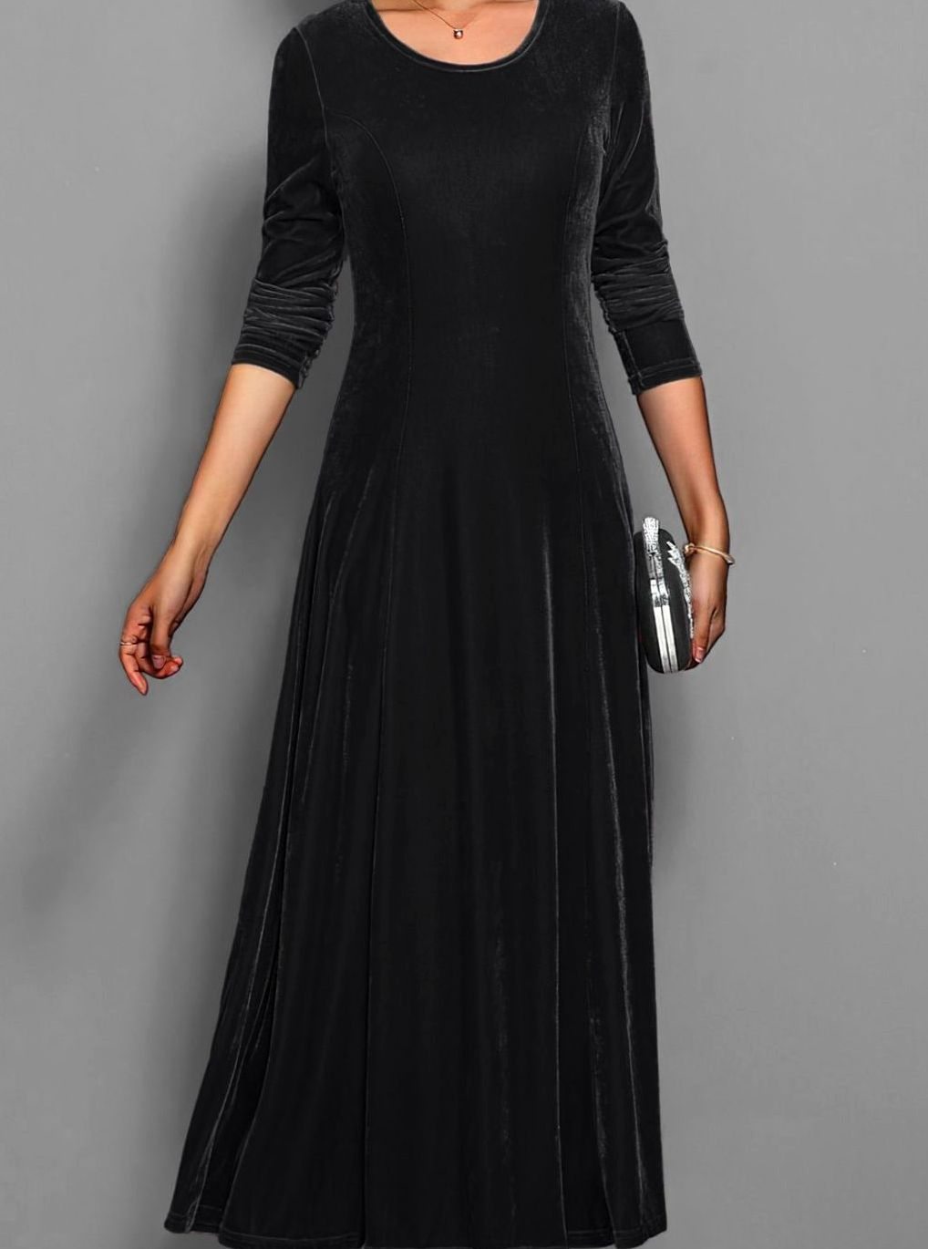 Vivienne | Women’s 3/4-Sleeve Scoop-Neck Velvet A-Line Maxi Dress